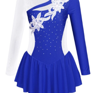 DRES z bleščicam DVOBARVNI Z DOLGIMI ROKAVI Z VZORCEM ZA RITMIČNO GIMNASTIKO (modro/bel)
